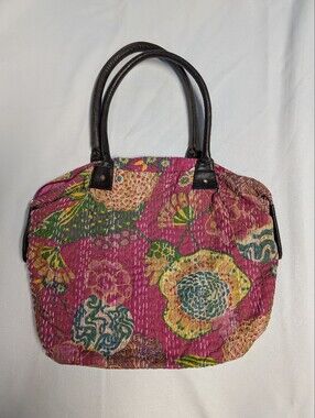 Vintage Quilted Floral Kantha Tote with Multicolor Accents + Leather Straps